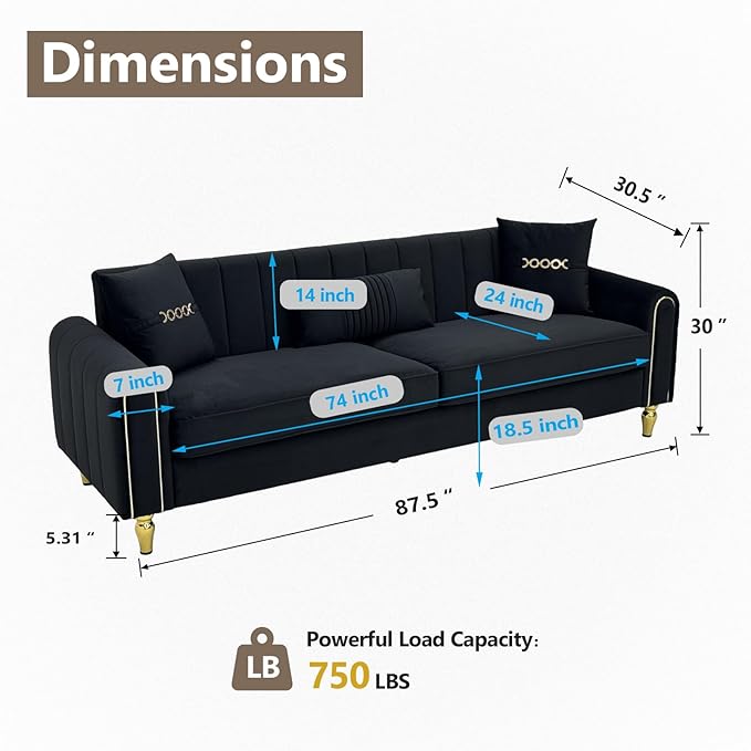 87.5 Modern 3-Seater Velvet Couch Set of 2 with Metal Legs &amp Decorative Pillows High Resilience Sponge Spring Seat Luxury Sectional Loveseat Sofa Set for Living Room Apartment Small Space Black
