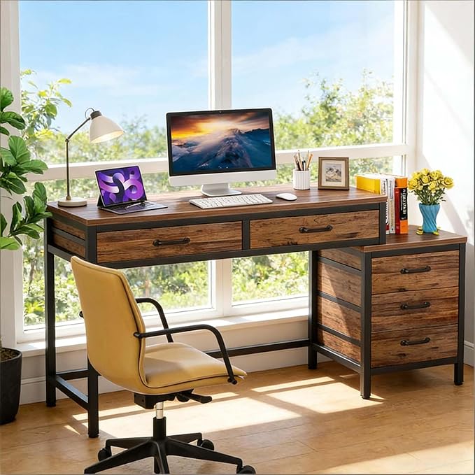 Computer Desk with Adjustable Position Drawers Rustic Brown Gaming Desk with Storage Compact Home Office Desks Vanity Desks Without Mirror for Bedroom/Study Writing