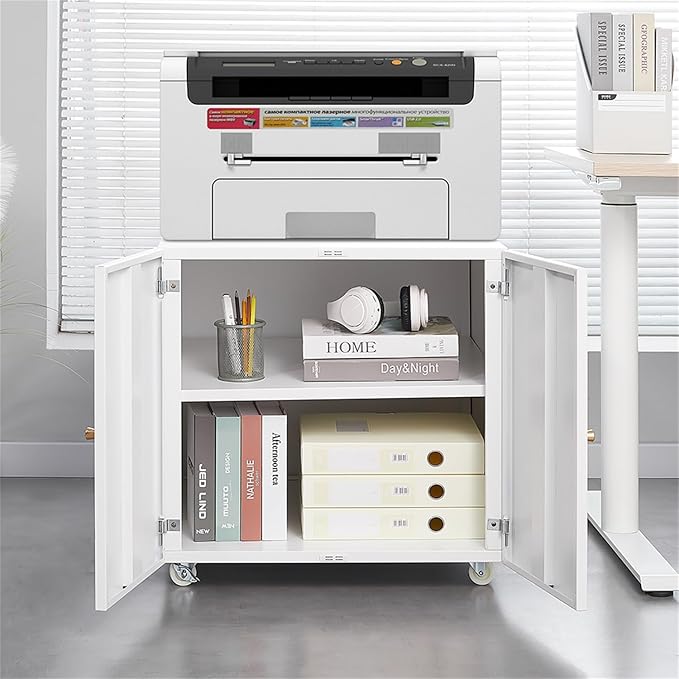 Printer Stand with Storage Cabinet with Wheels Metal Mobile Printer File Cabinet with Doors and Adjustable Shelf for Home Office Small Spaces (White 23.62''H)