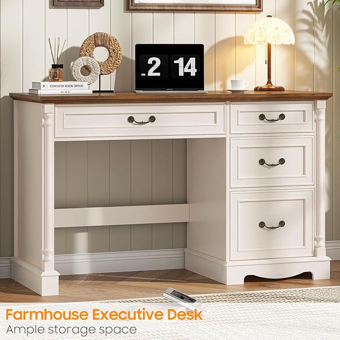 Farmhouse 47 Executive Desk with File Drawer4 Drawers Roman Style Computer Desk with Roman Column Designfor Study Home Office Writing.