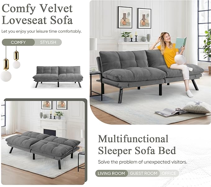 Convertible Velvet Futon Sofa Bed Comfy 72 L Sleeper Couch with Thicker Cushion Upholstered Modern Reclining Loveseat Folding Sofa for Small Living Room Dorm Apartment Office Light Gray