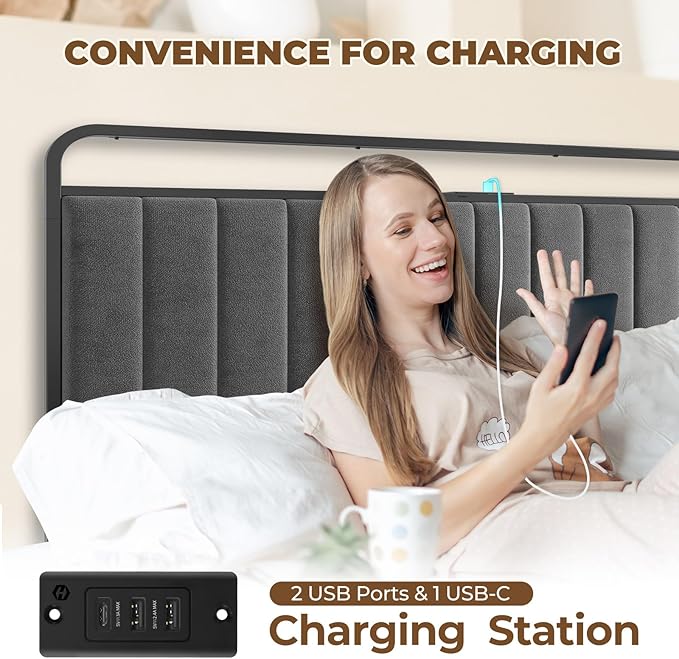 Rolanstar Full Size Bed Frame with LED Light and Charging Station Upholstered Headboard and Footboard Metal Slat Noise Free Easy Assembly Dark Gray