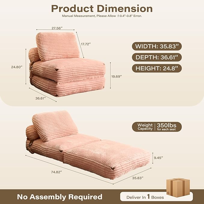 75''Foldable Sofa BedPink Convertible Folding Sleeper Chair BedFoldable Single Sofa Foam Filling Couch with Pillow Comfy Corduroy Lazy Floor Sofa for Small Room Living Room Bedroom Apartment