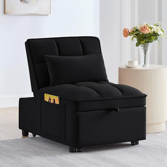 4 in1 Multi-Function Single Sofa Bed with Storage PocketsTufted Single Pull-Out Sofa Bed with Adjustable Backrest and PillowsConvertible Chaise Loungefor Small Room Apartment (Black)