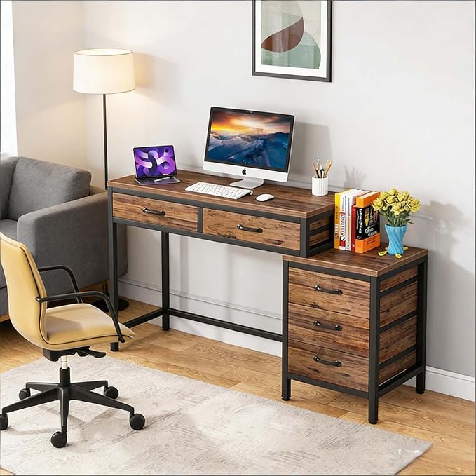 Computer Desk with Adjustable Position Drawers Rustic Brown Gaming Desk with Storage Compact Home Office Desks Vanity Desks Without Mirror for Bedroom/Study Writing
