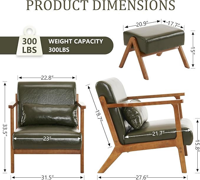 Accent Chair and Ottoman Set Mid-Century Modern Faux Leather Upholstered Lounge Armchair with Pillow Solid Wood Frame &amp Comfortable Cushion for Living Room Bedroom Balcony Green