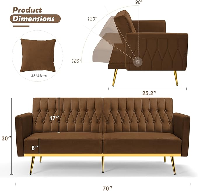 70 Velvet Futon with Adjustable Backrest and Armrests Sofa Bed with Extra Pillows for Waiting Room Living Room and Office Brown
