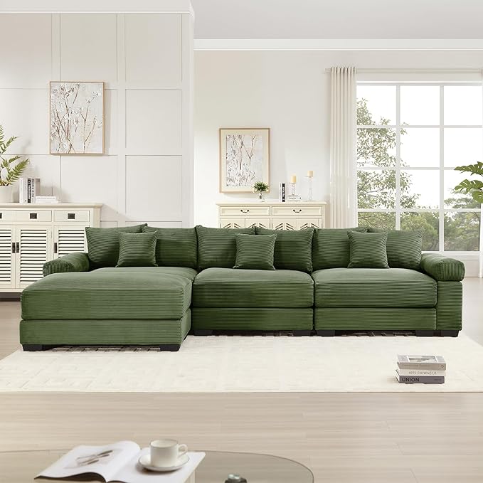 130.4 Oversized Modular Sectional Sofa Corduroy Large Sectional Couches for Living Room 3 Seater Couches with 1 Movable Ottoman Modern Deep Seat Sofa Set L Shaped Green