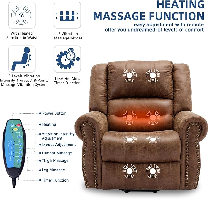 Power Lift Recliner Chair for Elderly with Massage and Heat Electric Recliner Chair with Rivet Decoration 2 Remote Controls Side Pockets &amp USB Ports for Home Office (Nut Brown)