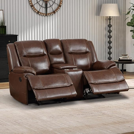 EBELLO Genuine Leather Recliner Manual Loveseat Couch for Living Room 2 Seater Reclining Sofa Chair with Storage and Cup Holders Modern Durable Home Furniture for Small Space Vintage Brown
