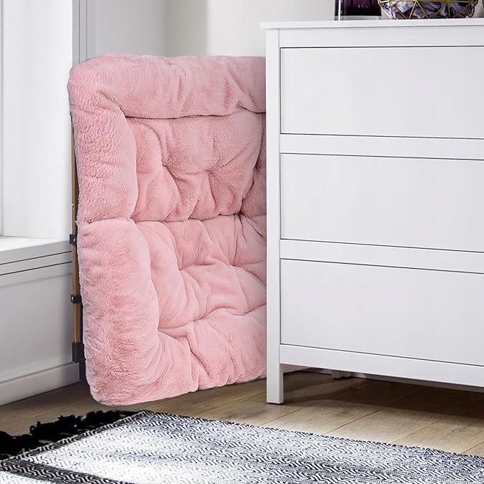 Walsham Folding Comfy Chair Faux Fur Soft Cozy Lounge Reading Papasan Chair for Adults Kids Bedroom Living Room Dorms Small Space Pink