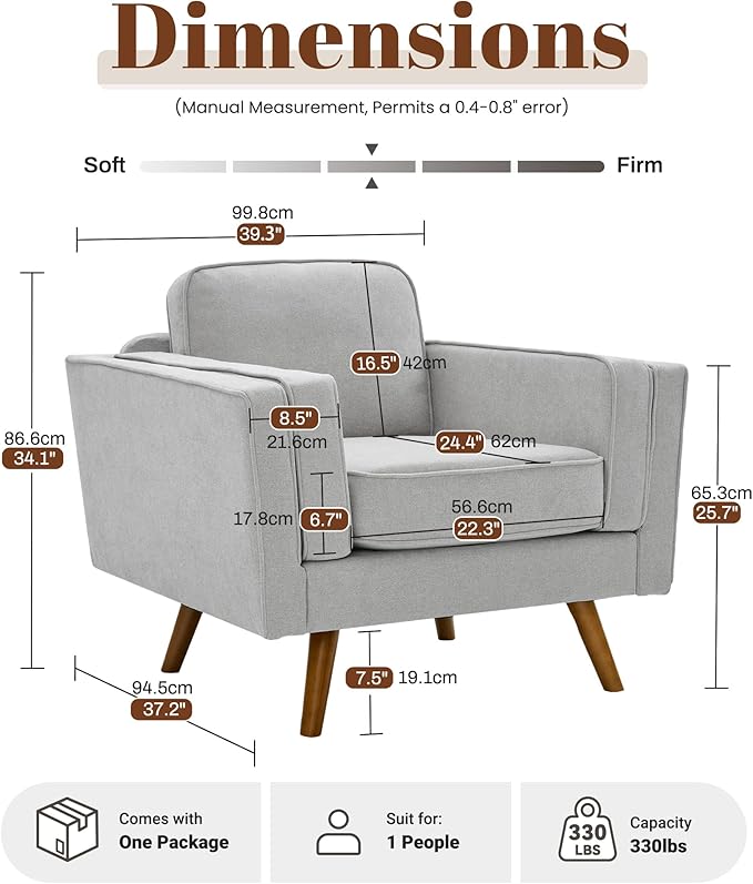 Kingfun Modern Accent Chair Set of 2 Living Room Chairs Chenille Reading Armchair Mid Century with Dual-Layer Armrests Solid Wood Frame Easy Assembly for Small Spaces Light Gray