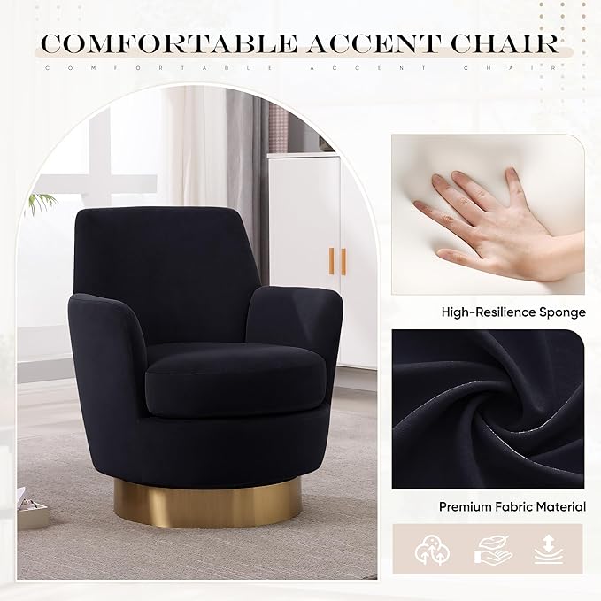 360° Swivel Barrel Chair Set of 2 28.3 Modern Velvet Round Accent Chair Comfy Upholstered Small Armchair with Gold Metal Base for Living Room Bedroom Nursery Office Sillas para Sala Black