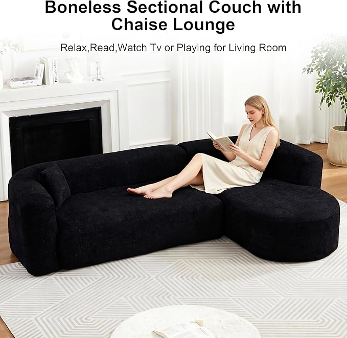 109.4 Sectional Couch with L-Shaped Chaise Boneless Modular Sectional Sofa Soft Chenille Sofa with Deep Seat for Living Room No Assembly (Right-Facing Chaise Black) | Breaathable Material
