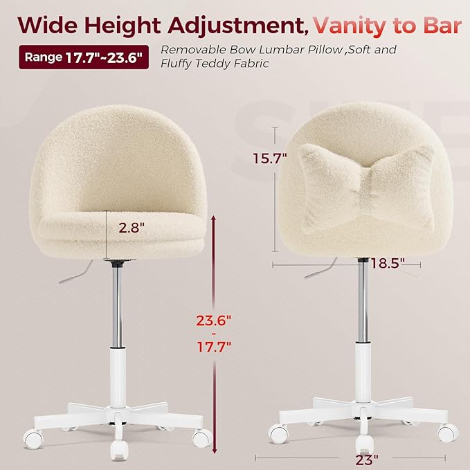 COMHOMA Vanity Chair with Teddy Velvet Small Tall Armless Chair with Back Cute Candy Chair for Girls Gift Living Room/Makeup Room/Bedroom/Kitchen (Height Use: Adjustable from Desk to Bar Height)