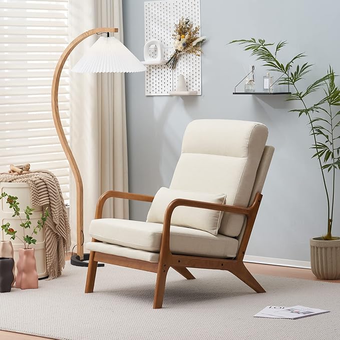 Mid-Century Modern Accent Chair with CushionHigh Back Solid Wood Armrest Chairs Backrest Linen Fabric Indoor Leisure Chair for Living RoomBedroomReadingBalcony (Beige)