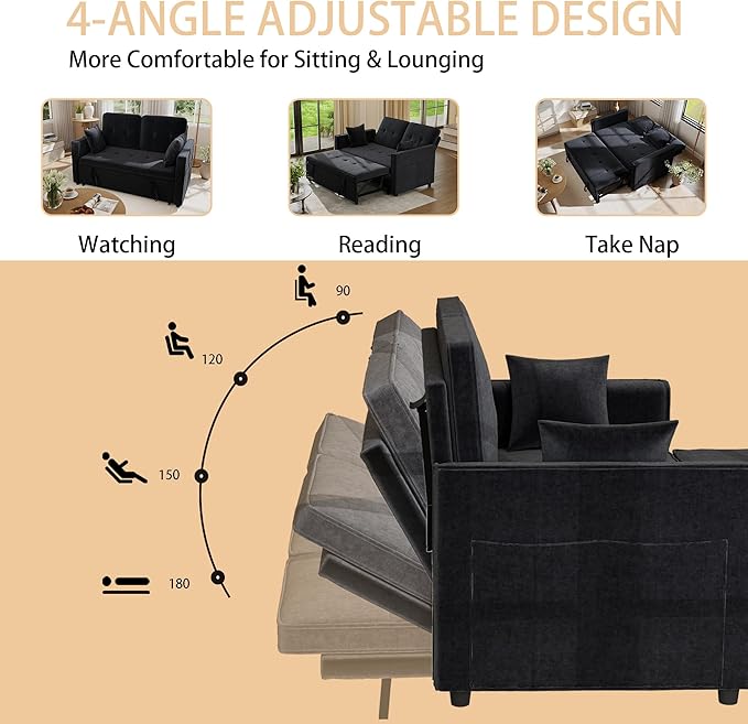 Pull Out Sofa Bed: 56 Black 3 in 1 Convertible Sleeper Sofa Bed Velvet Loveseat Sleeper Couch with Storage Comfy Futon Couch Beds for Living Room | Velvet