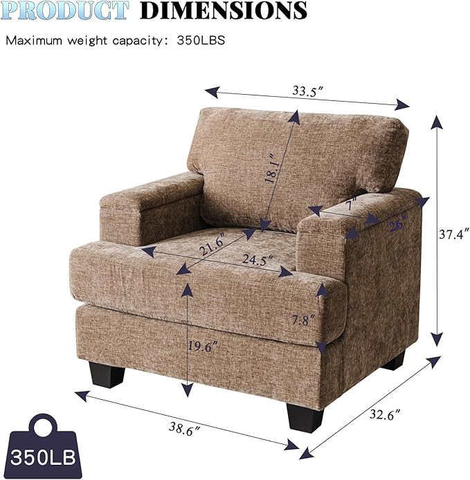 Oversized Accent Chairs Set of 2Large Armchair with Armrest OrganizerDeep SeatBig Reading ChairComfy Living Room ChairsSofa Chair for BedroomChenilleBrown