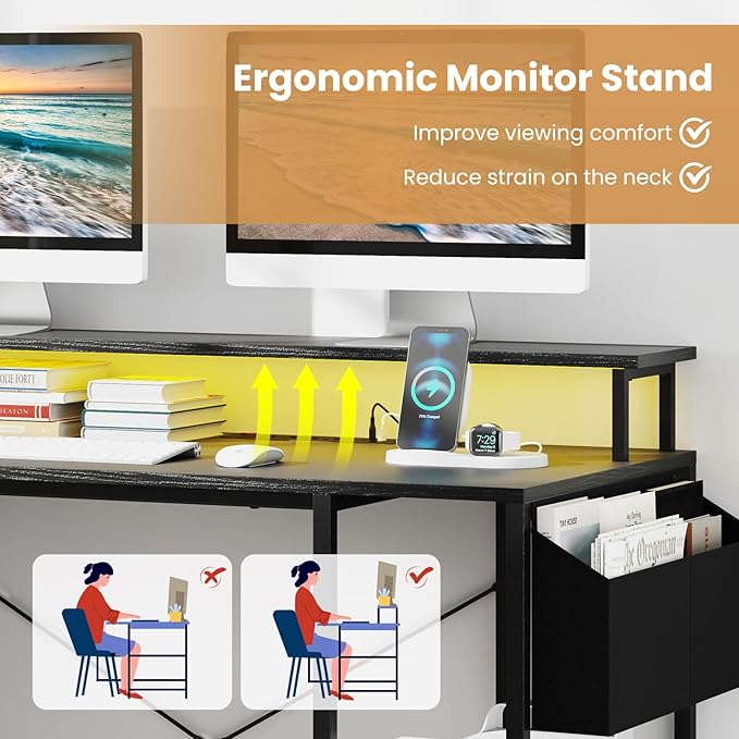 L-Shaped Gaming Desk with LED Lights &amp Power Outlets 48 Computer Table with Storage Shelves Monitor Stand Home Office Desk with Metal Frame Rustic Brown/Black (Black)