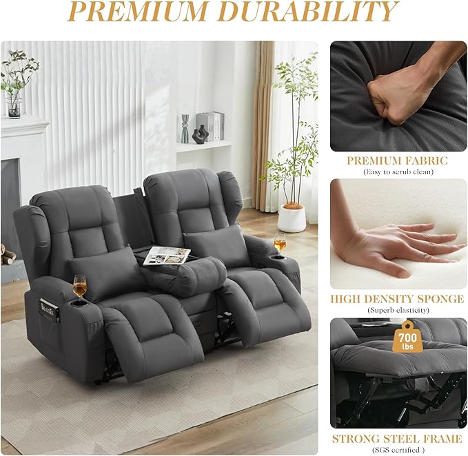 Loveseat Recliner Sofa with Flip-up ConsoleReclining Loveseat Sofa Wall Hugger Recliners for Small SpacesRV Recliner Couches for Living Room (Dark Gray 68''Loveseat with Console)