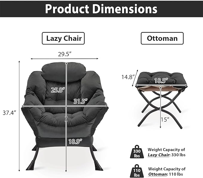 Lazy Chair with Folding Ottoman Accent Chair Velvet Upholstered with Metal Structure and Non-Slip Pads Sofa Armchair with Footrest and Side Storage Bag for Dorm Office Charcoal