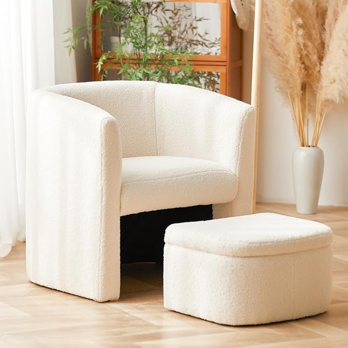 COLAMY Upholstered Sherpa Barrel Accent Chair with Storage Ottoman Morden Living Room Side Chair Single Sofa Armchair with Lounge Seat for Bedroom/Office/Reading Spaces Cream