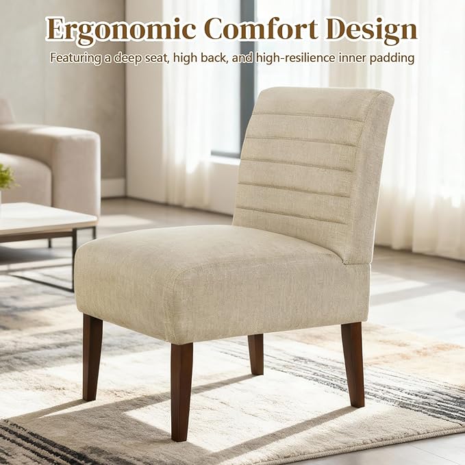 Anwick Beige Modern Accent Chair Mid Century Upholstered Living Room Chair with Wood Legs Comfy Small Accent Chair with Back for Small Spaces Office Bedroom Reading Spaces (Beige)