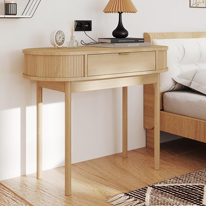 SoarFlash 39 Inch Small Computer Desk with Drawer Mid-Century Modern Writing Desk with Solid Wood Legs - Compact Home Office Desk &amp Makeup Vanity for Small Space Bedroom Study Table in Oak
