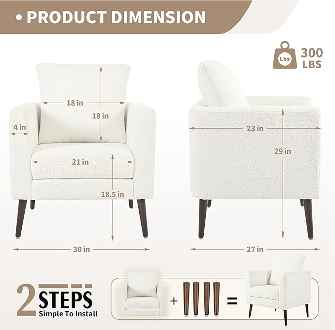 Comfy Accent Chair for Living Room Modern Fabric Upholstered Armchair with Solid Wood Legs Supportive Back Cushions and Easy Assembly White