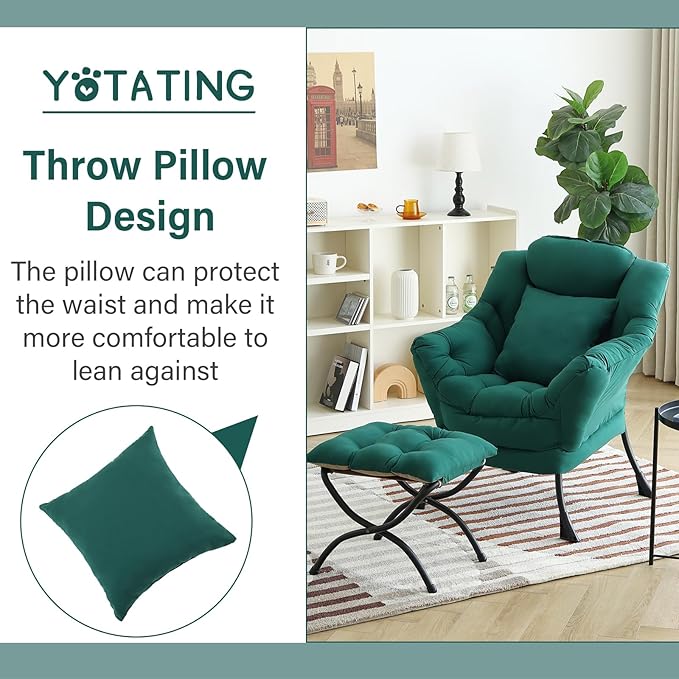 Lazy Chair with Ottoman Comfy Reading Chair with Footstool &amp Pillow Modern Lounge Chairs with Armrests &amp Side Pocket for Living Room Bedroom Dorm RoomDark Green