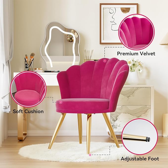 Velvet Accent Chair with Gold Metal Legs Vanity Chair for Makeup Room Upholstered Guest Chair for Living Room Side-Chair for Bedroom Fushia
