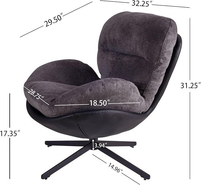 360° Swivel Accent Chair Modern Upholstered Chenille Lounge Chair Faux Leather Club Chair with Metal Base FrameComfy Reading Chair for Small Spaces Living Room Bedroom Office 31.25H Dark Gray