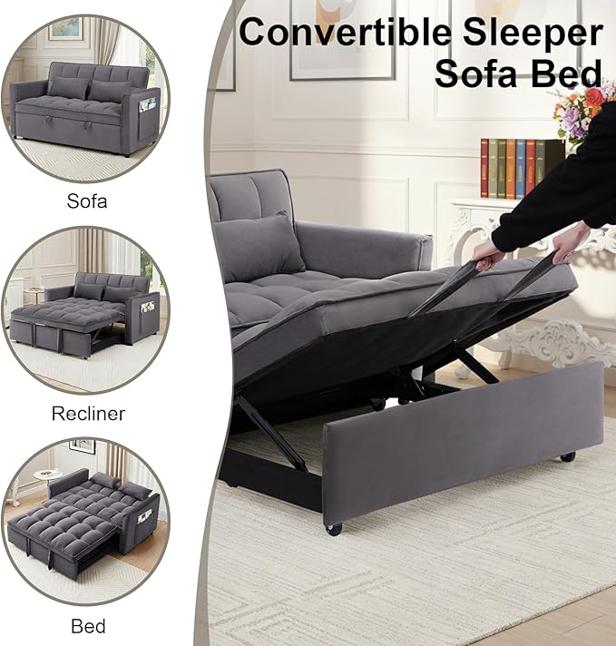 3-in-1 Convertible Sofa Bed 55'' Pull Out Couch Bed with Adjustable Backrest Velvet Fabric Sleeper Loveseat Sofa with Side Pocket Perfect for Living Room Easy Assembly(Gray)