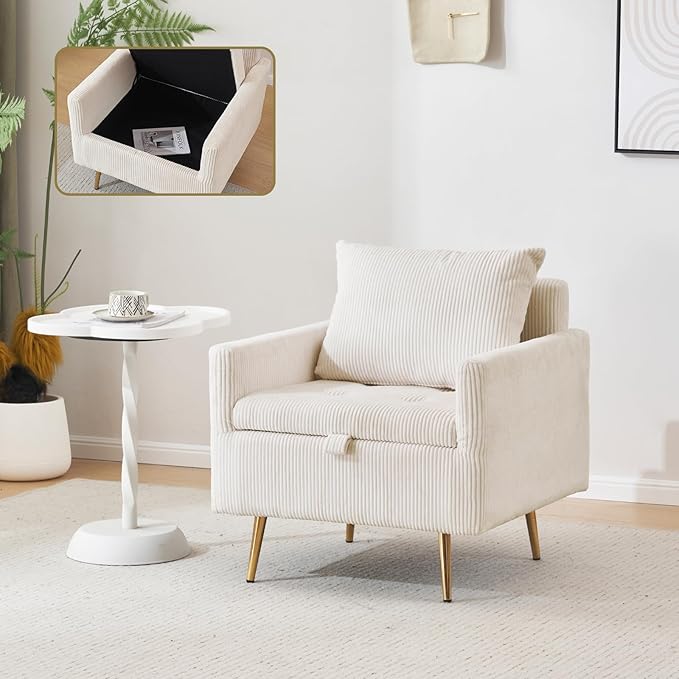 Furnimart Beige Mid-Century Modern Corduroy Storage Accent Chair with Arm 1-Seater Built-in Storage Reading Chair for Bedroom Living Room Apartment
