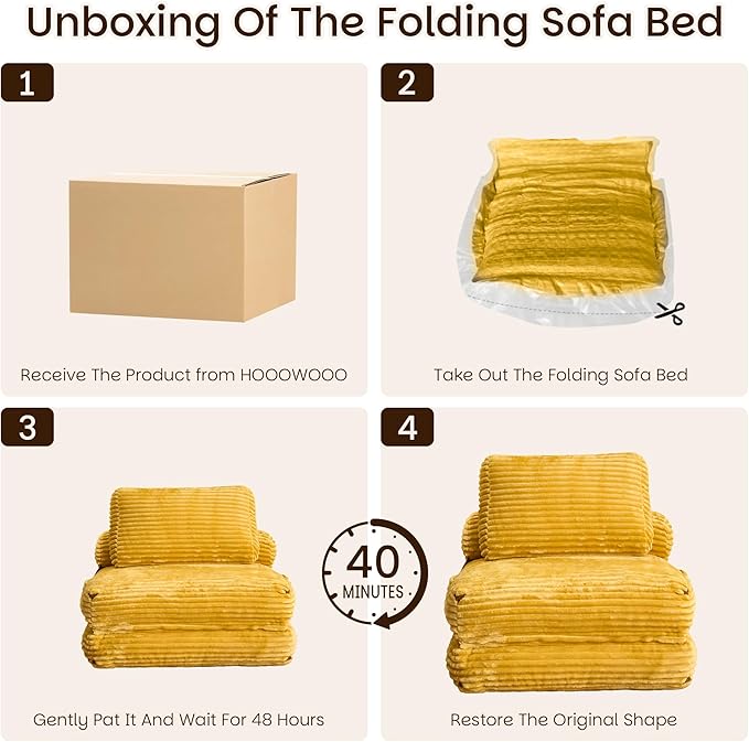 HOOOWOOO Folding Sofa BedConvertible Futon Sleeper Ottoman Pull Out Bed Single Couch 2 in 1 No AssemblyPortable 35.8 Boneless Corduroy Accent Chair Floor Chaise Lounge for Guest Room Studio(Yellow)