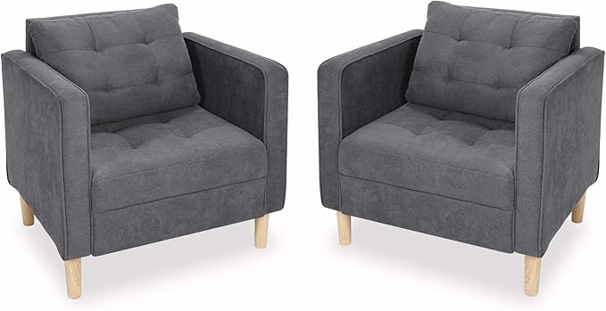STHOUYN Mid Century Modern Upholstered Fabric Accent Chair with Arms Set of 2 Armchair Comfy Reading Chair for Living Room Studio Office Couch Single Sofa Set Bedroom Grey