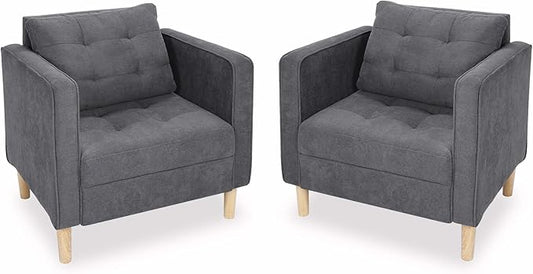 STHOUYN Mid Century Modern Upholstered Fabric Accent Chair with Arms Set of 2 Armchair Comfy Reading Chair for Living Room Studio Office Couch Single Sofa Set Bedroom Grey