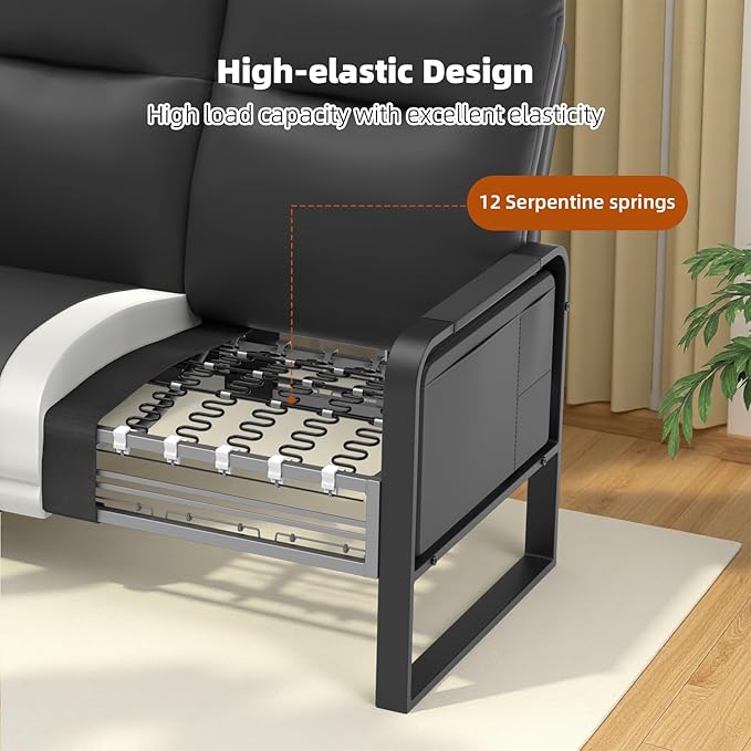 Small Loveseat Sofa with Side Table &amp Metal Legs Upholstered Faux Leather Loveseat for Small Spaces Couch for Living Room Reading Office Bedroom (Black)