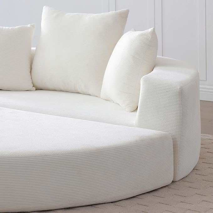 67-inch Convertible Futon Sofa Bed Round Folding Comfy Corduroy Upholstered Couch Bed with 3 Pillows Boneless Floor Lazy Loveseat Sofa for Living Room Apartment Small Spaces Pinstripe Beige
