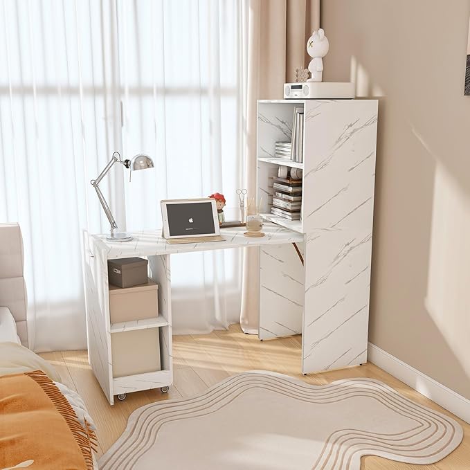 KEIKI Home Office Stretchable Desks with Storage Shelves and Mobile Wheels Modern Wood Foldable Desk Gaming Computer Corner Table for Apartments Work Study Writing White Marble