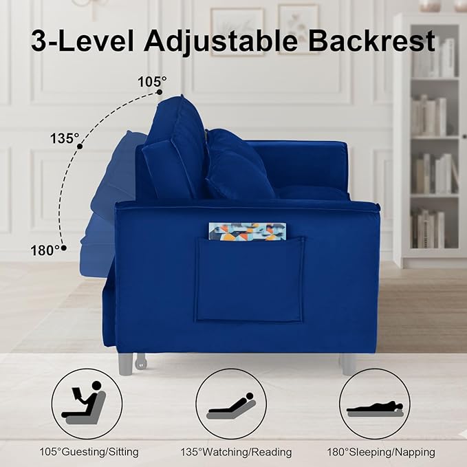 3 in 1 Convertible Sofa Bed Pull Out Couch with Adjustable Backrest Velvet Sleeper Sofa Loveseat with Pillows and Side Pockets for Living Room Bedroom Apartment Blue