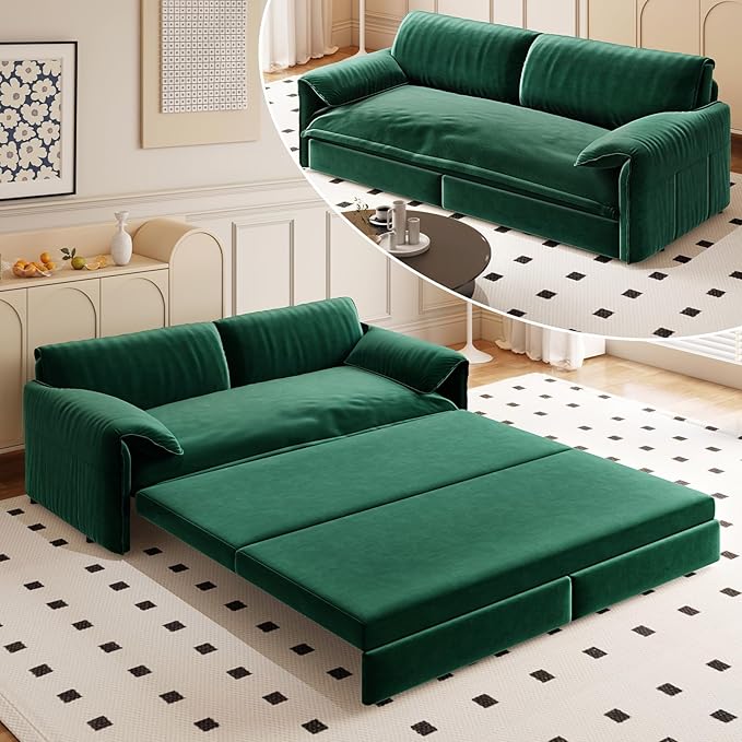 GNIXUU 66 Queen Pull Out Sofa Bed Velvet Convertible Sleeper Sofa Couch with Side Storage Comfy Cloud Futon Bed Pull Out Couch for Living Room Apartment Small Space(Green)
