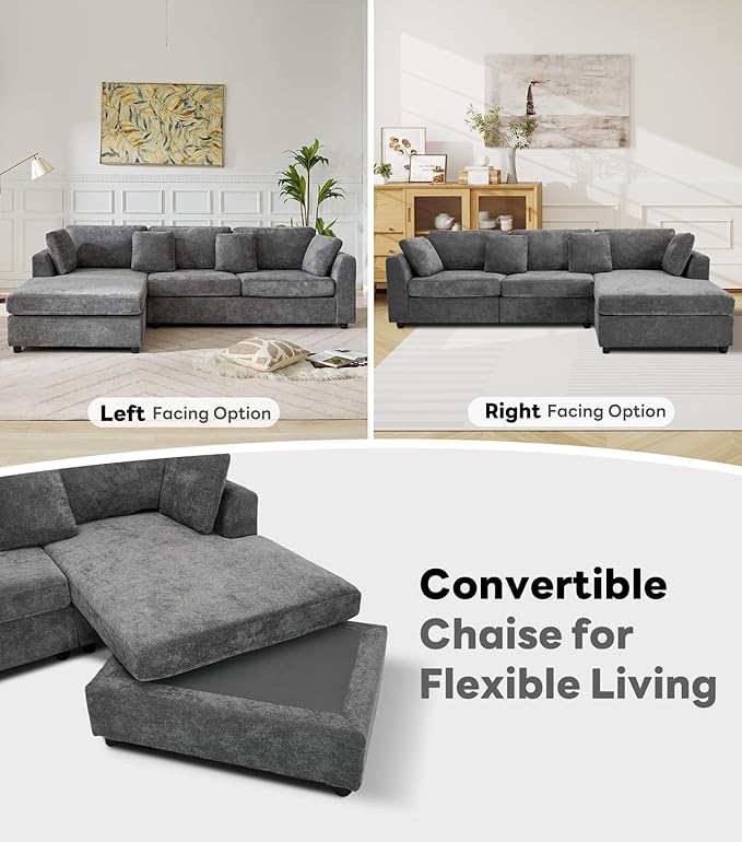 Tbfit L Shaped Couch Oversized 108 Modular Sectional Sofa with Convertible Chaise Comfy 4 Pillows Sofa for Living Room Gray