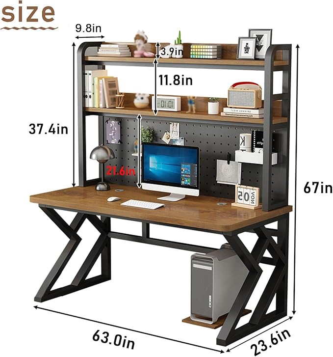63.0in Computer Desk with Pegboard Gaming Desk with Storage Shelves PC Gamer Workstation Desk Modern Study Writing Table for Home Office Bedroom (Black 63.0in/160cm)