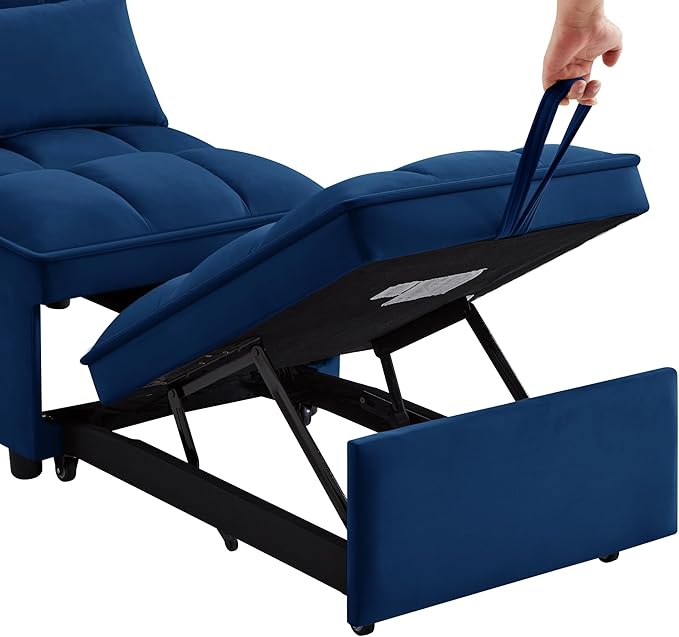 3 in 1 Convertible Sleeper Sofa Chair Velvet Tufted Single Pull Out Couch Bed with Adjustable Backrest and Pillow Multi-Function Chaise Lounge with Pockets for Livingroom Home OfficeNavy