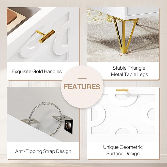 Tribesigns White Executive Desk 59 White and Gold Modern Desk with 4 File Drawers Luxury Writing Table Elegant Computer Office Table for Home Office Study Bedroom