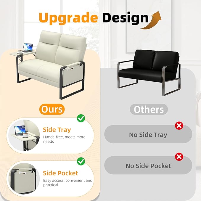 Modern Leather Loveseat Small Sofa with Side Tray &amp Pocket Upholstered Mini Couch for Living Room Office Guest Room Beige