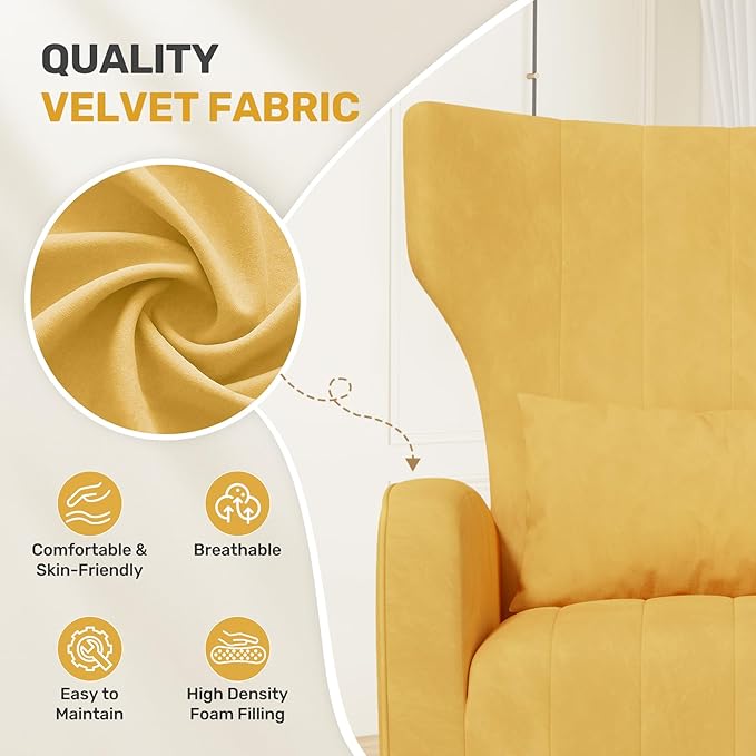 Nalupatio Modern Accent Chairs for Set of 2 Upholstered Velvet Fabric Reading Chair Mid Century Arm Chair Comfy Armchair for Living RoomYellow
