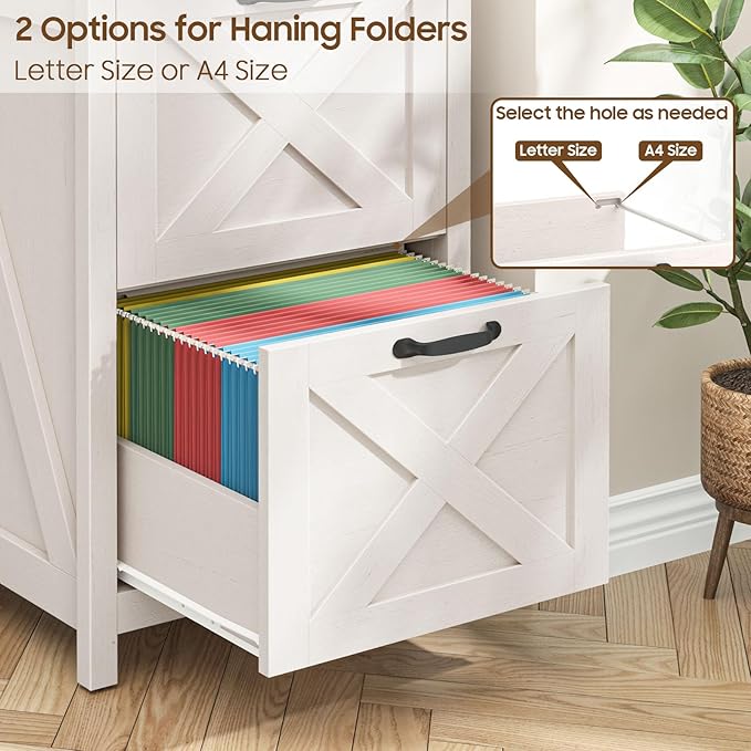 2 Drawer Small File Cabinet with Lock Farmhouse Vertical Filing Cabinet Fits Letter and A4 Size Under Desk Wooden File Cabinets for Home Office Printer Stand Rustic White
