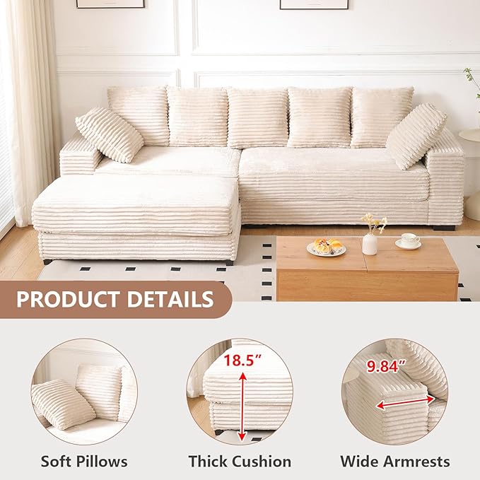 108 Oversized Sectional Sofa Modular Deep Seat Sofa Couch with Storage Ottoman Modern Comfy Upholstered Cloud Couches L-Shaped Corduroy Sofa Chaise with 8 Pillows for Living Room Apartment Beige
